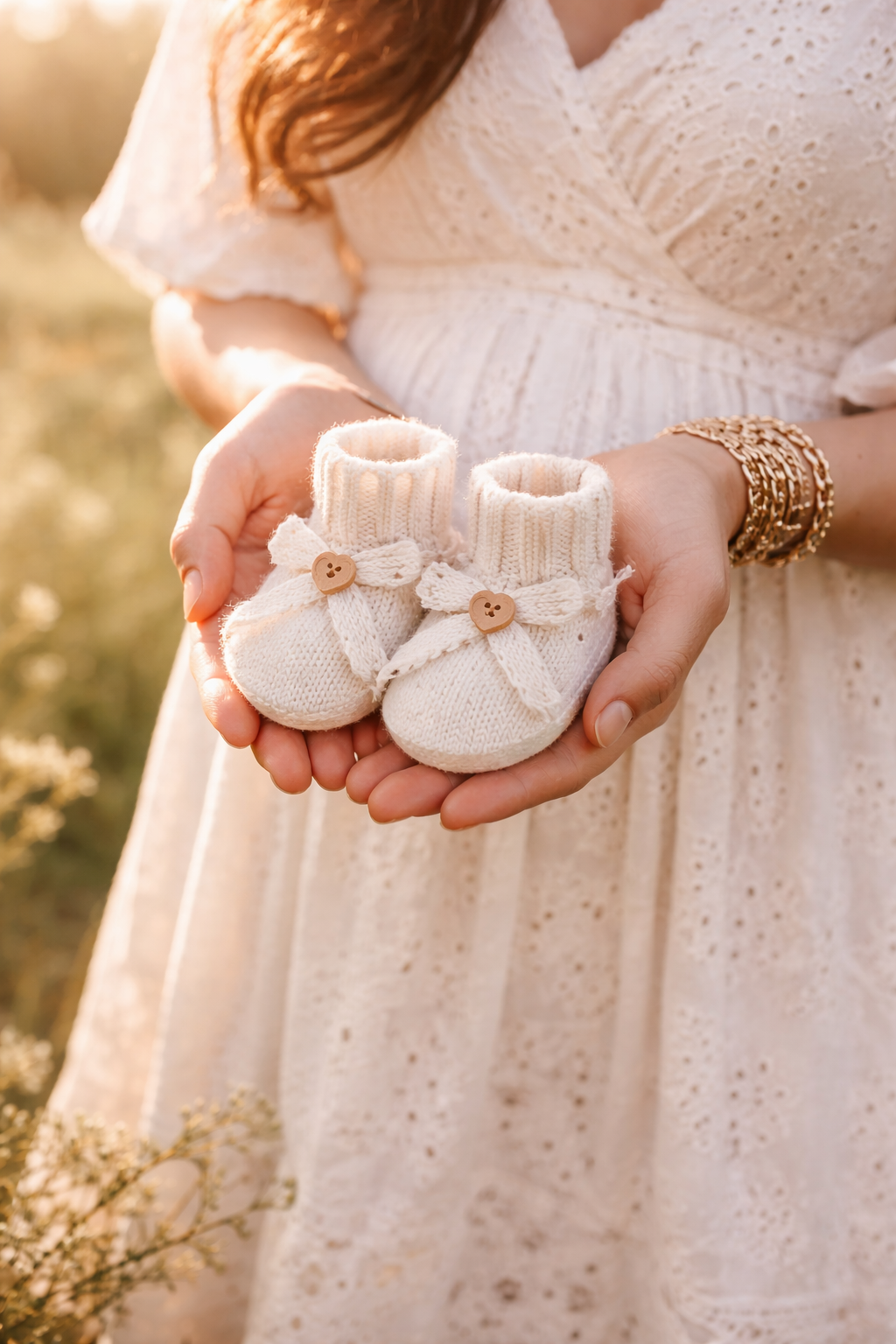 Woman holding baby shoes outdoors