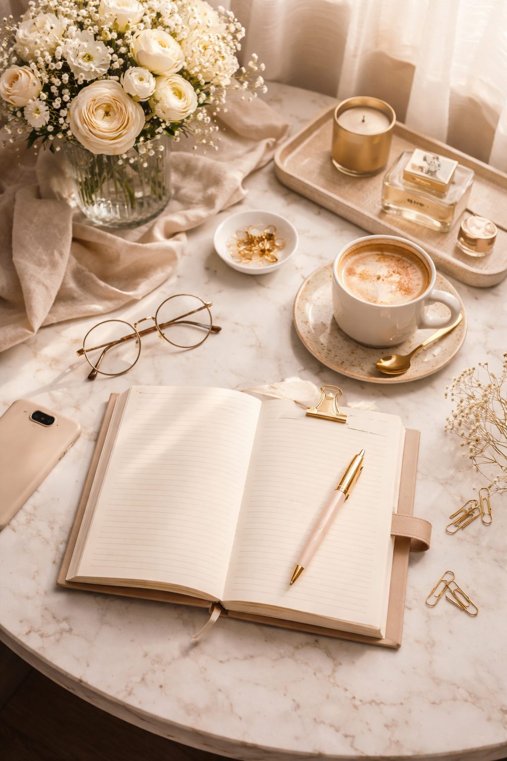 Editorial styled workspace with journal and coffee