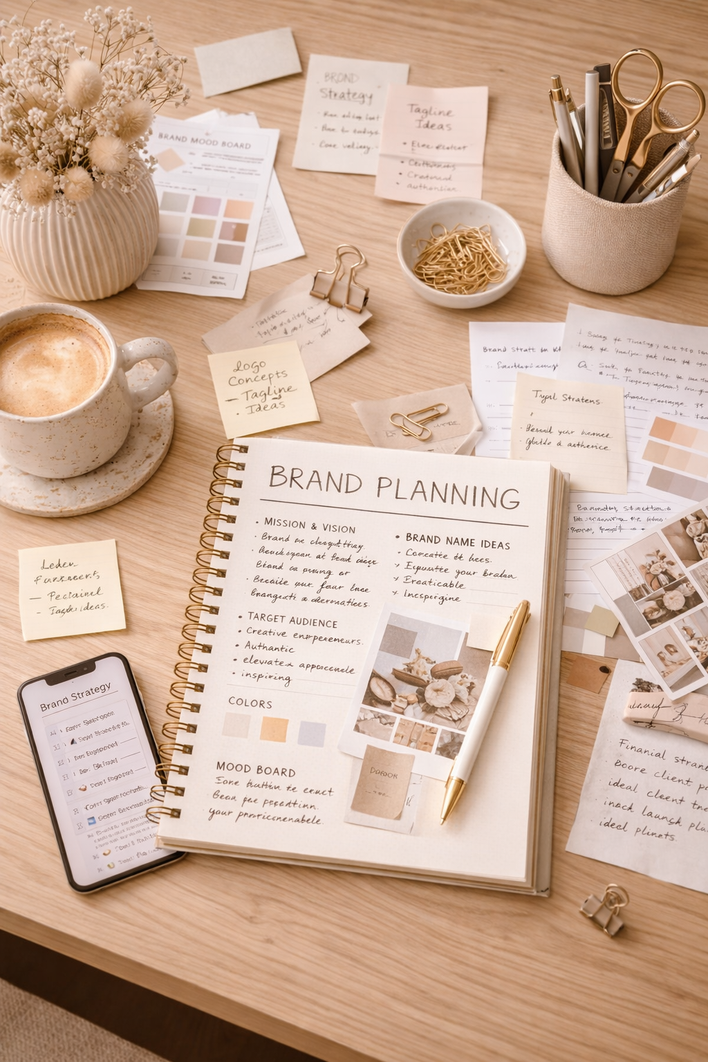 Creative brand planning notes on desk
