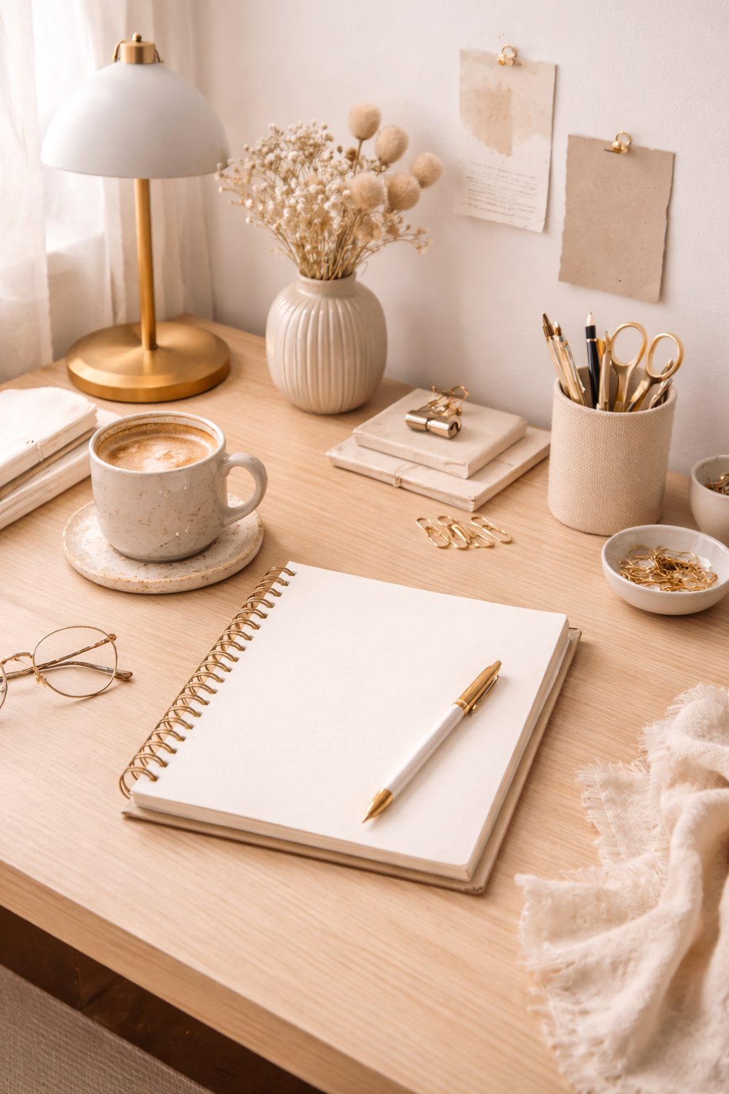 Minimal notebook and creative desk setup