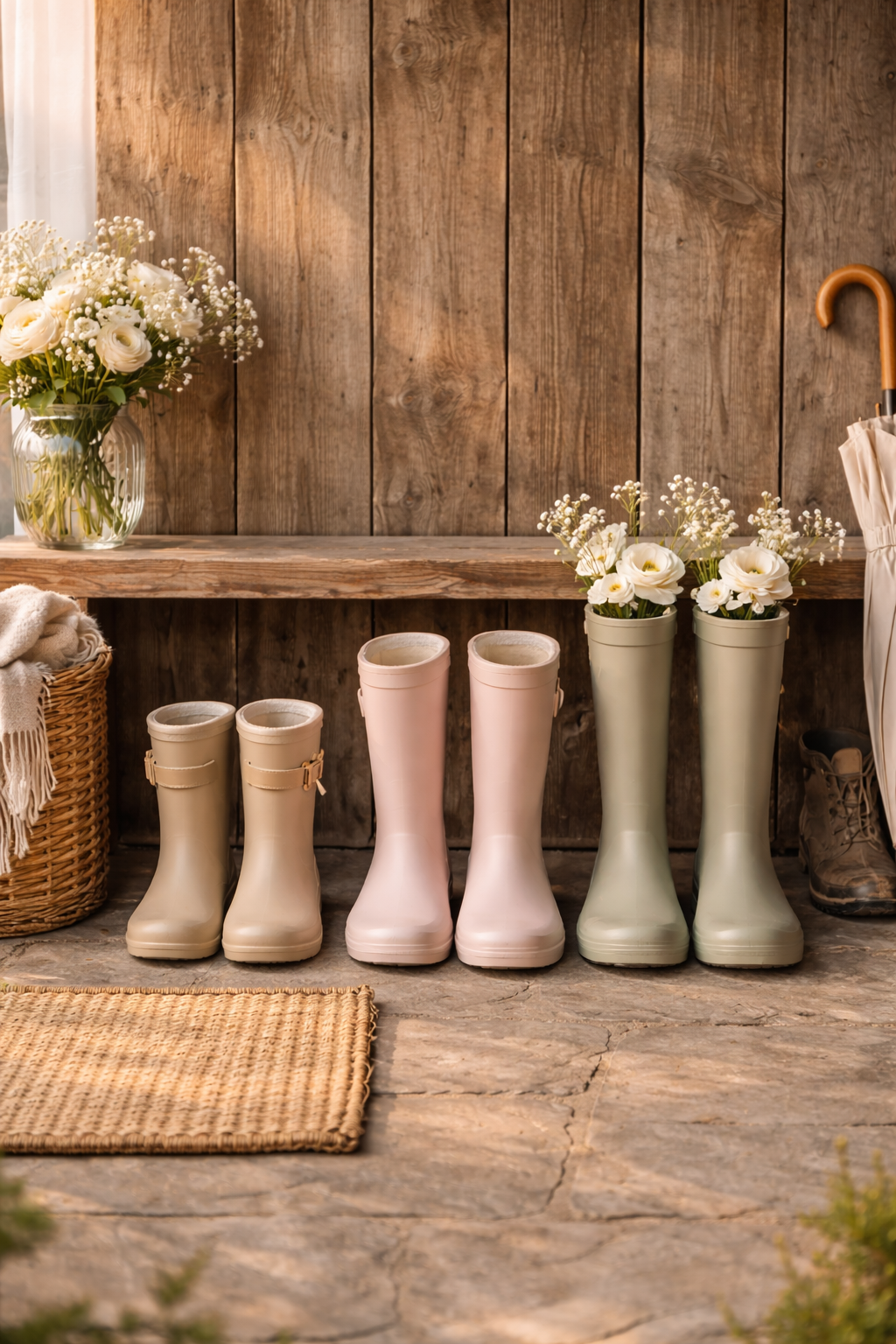 Rain boots lined up by a wooden wall