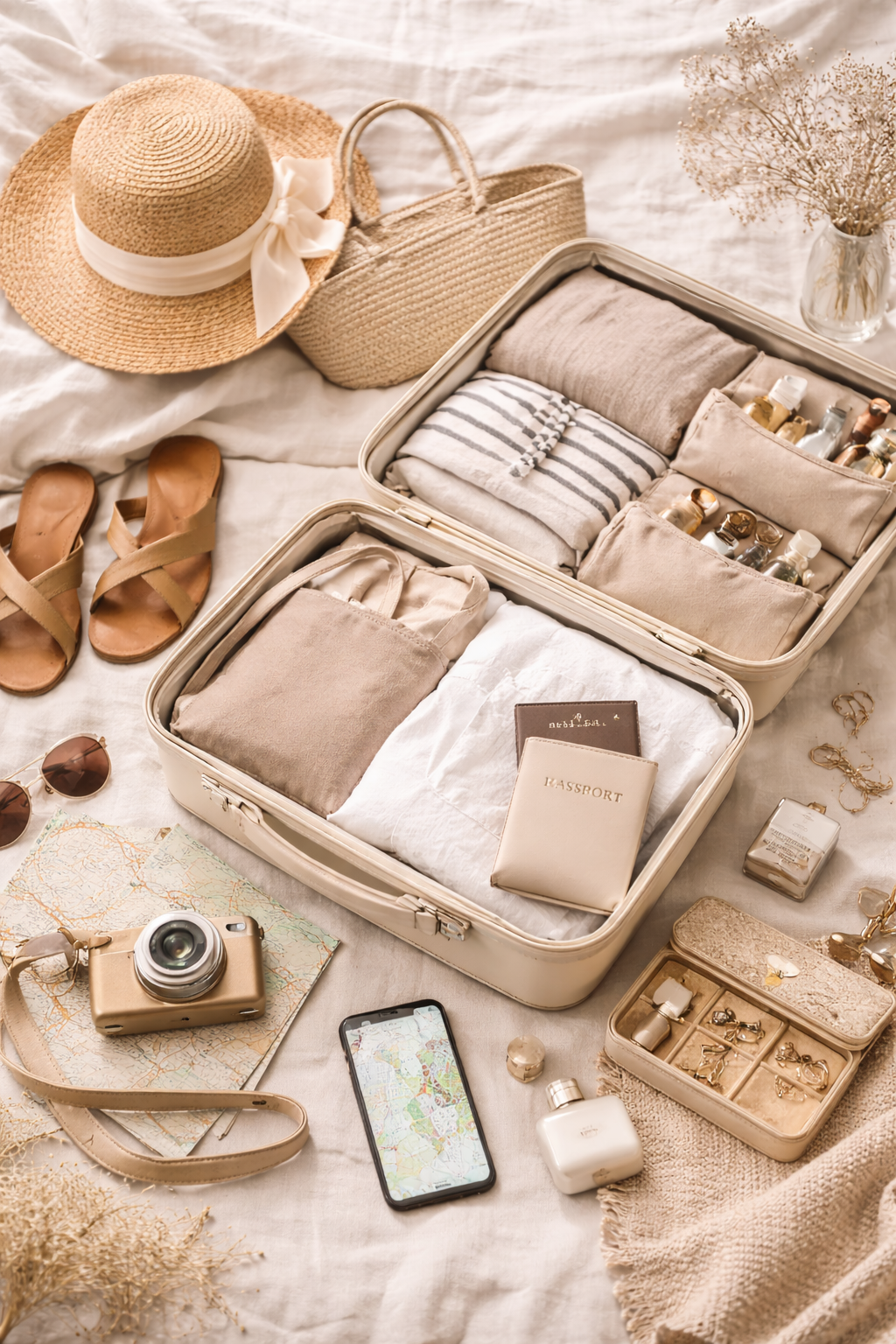 Travel essentials arranged for a trip